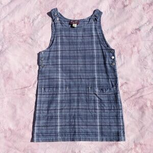 Vintage Plaid Jumper Overall Dress Small Blue Linen Cotton Mini Pinafore Preppy